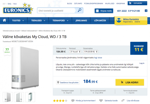 Väline kõvaketas My Cloud, WD / 3 TB ©Euronics